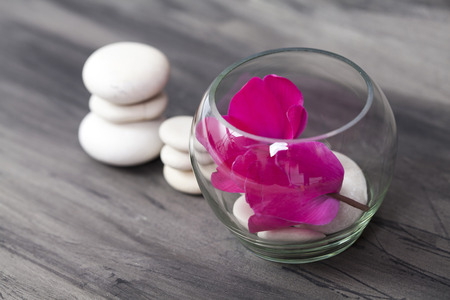 Spa still life with purple flowesr and white zen stones around candle. Wellness conceptの写真素材