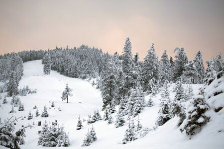 Winter landscape with snow covered hill and cloudy blue sky