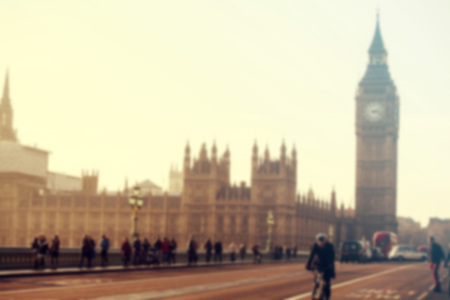  Big Ben in Westminster with red London Buses and traffic. Blurred background.の写真素材