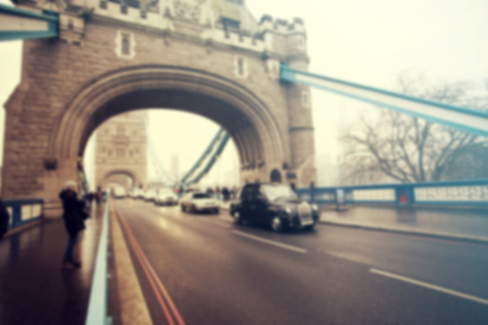 Tower Bridge and traffic in the evening in London.Defocused photo.の写真素材
