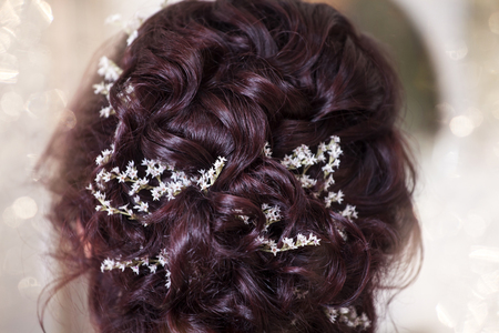 Closeup portrait of bridal morning preparation ceremony. Hair stylist makes the bride a wedding...