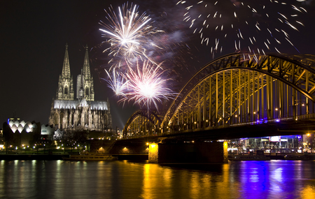 Celebrating New Year in Cologne at nightの写真素材