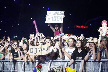 Cluj-Napoca, Romania - August 6, 2017:  Crowd having fun at Martin Garrix, a Dutch DJ, record...