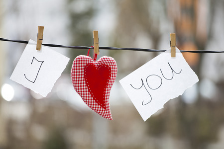 I Love You background. Heart and note with words "I Love You" hanging on a clotheslineの写真素材