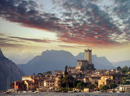 Town of Malcesine on Garda Lake in stuning sunset, Veneto region of Italyのeditorial素材