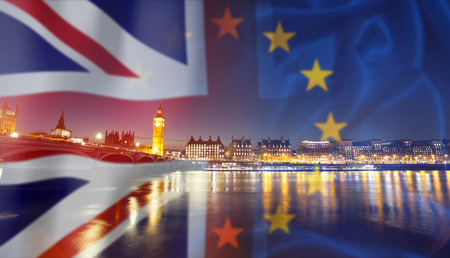 Brexit concept - image of Big Ben and UK and EU flags overlaid symbolising agreement and deal being...