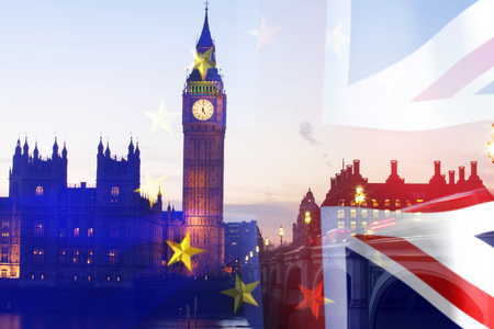Brexit concept - image of Big Ben and UK and EU flags overlaid symbolising agreement and deal being processedの写真素材