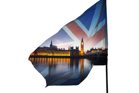 Double exposure photo of UK flag and Westminster Palace with Big Ben - Brexit concept