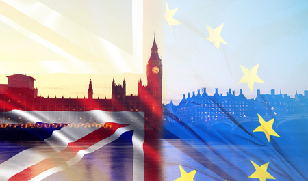 Brexit concept - image of Big Ben and UK and EU flags overlaid symbolising agreement and deal being processedの写真素材