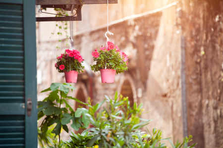 Hanging flower pots in a small italian villageの写真素材