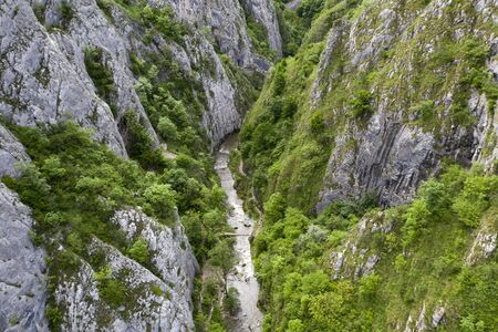 Aerial drone view of Cheile Turzii / Turzii's Gorge canyon, large natural preserve with marked trails for scenic gorge hikes crossing streams & bridges.の写真素材