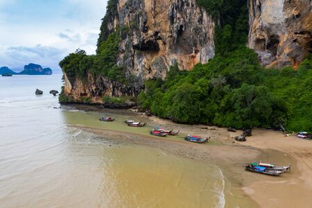 Aerial drone view of  popular travel tropical karst rocks perfect for climbing Tonsai Beach, Krabi province, Thailandの写真素材