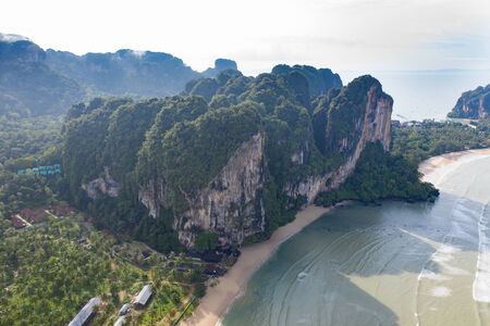 Aerial drone view of  popular travel tropical karst rocks perfect for climbing Tonsai Beach, Krabi province, Thailandの写真素材