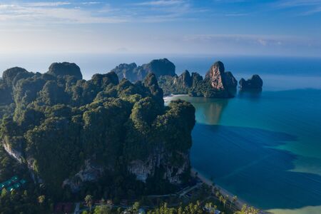 Aerial drone view of  popular travel tropical karst rocks perfect for climbing Tonsai Beach, Krabi province, Thailandの写真素材