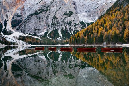 Amazing view of Lago di Braies (Pragser Wildsee), one of the most beautiful lake in South Tirol, Dolomites mountains, Italy. Popular tourist attraction.の写真素材
