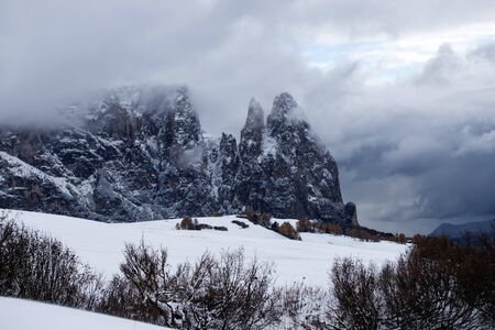 Beautful snowy mountains in Alpe di Siusi, Dolomite mountains -