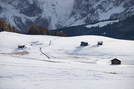 Beautful snowy mountains in Alpe di Siusi, Dolomite mountains - winter holidays destination