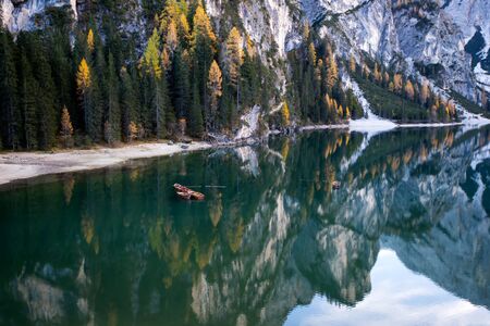 Amazing view of Lago di Braies (Pragser Wildsee), one of the most beautiful lake in South Tirol, Dolomites mountains, Italy. Popular tourist attraction.の写真素材