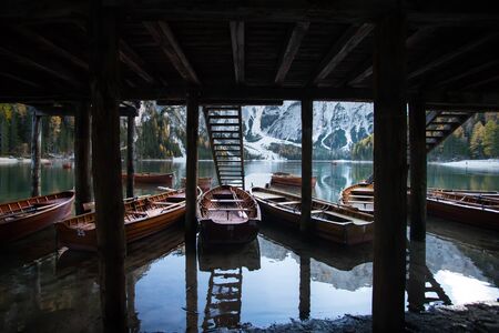 Amazing view of Lago di Braies (Pragser Wildsee), one of the most beautiful lake in South Tirol,...