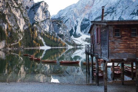 Amazing view of Lago di Braies (Pragser Wildsee), one of the most beautiful lake in South Tirol, Dolomites mountains, Italy. Popular tourist attraction.の写真素材