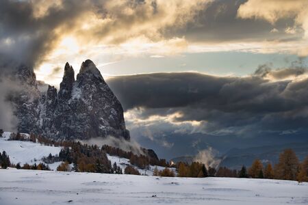 Beautful snowy mountains in Alpe di Siusi, Dolomite mountains -の写真素材