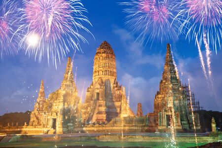 Exotic New Year - Celebrating the New Year in Thailand with fireworks at Wat Chai Watthanaram Buddhist temple,Thailandの写真素材