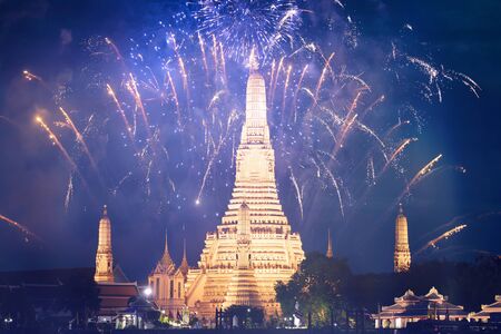 Exotic New Year - Celebrating the New Year in Bangkok with fireworks at Wat Arun Temple, Bangkok, Thailandの写真素材
