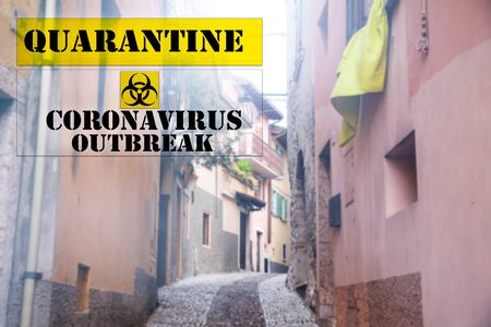 Coronavirus in Italy. Quarantine sign over empty street.Coronavirus COVID-19 world outbreak concept.の写真素材