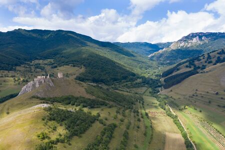 Aerial drone view of medieval fortress, Thoroczkay, in Transylvania, Romaniaの写真素材