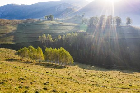 Aerial view of endless lush pastures of Transylvania. Beautiful romanian countryside with emerald...