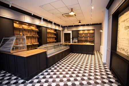 Empty modern bakery shop opening soon after quarantine.