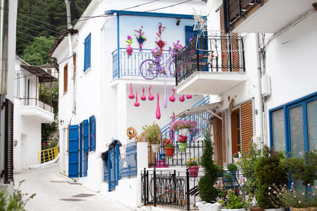 Traditional narrow greek street on Thassos island, Greece.の写真素材