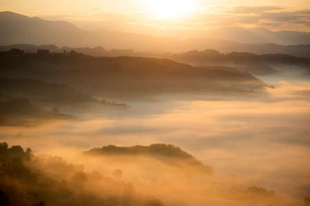 Beautiful landscape in the mountains at sunrise. View of foggy hills and valley covered by forest.の写真素材