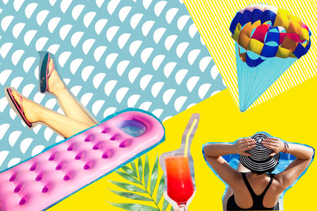Contemporary art collage of girl with cocktail. Summer tropical vacation vibes. Zine culture...