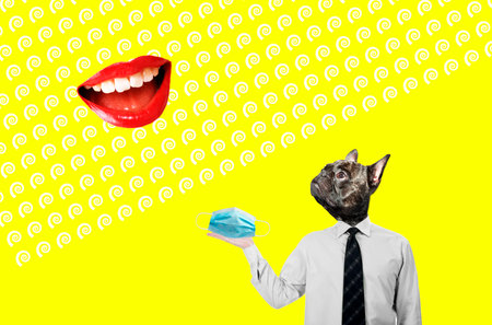 Contemporary art collage. Man with dog head holding medical masks. Coronavirus, protection concept.