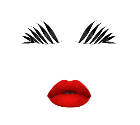 Contemporary art collage. Minimal design fashion concept. Red lip and floral eyelashes.