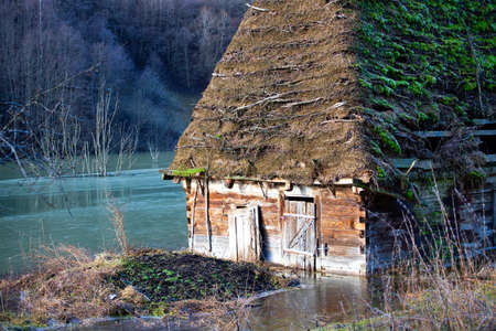 Beautiful aerial pattern of colorful water and mud, shot with a drone located at Geamana, Romania, a formerly village that was covered with toxic waste from a mining operation nearby.の写真素材