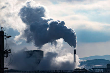 Air pollution from power plant chimneys.の写真素材