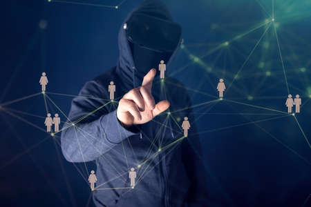 Hacker coding virus ransomware using laptops and computers. Cyber attack, system breaking and...