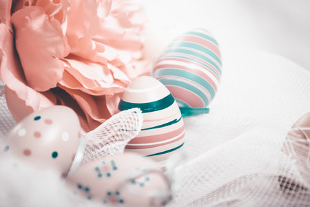 Happy Easter. Congratulatory easter background. Easter eggs and flowers.の写真素材