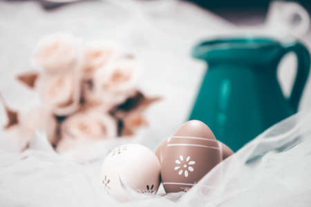 Happy Easter. Congratulatory easter background. Easter eggs and flowers.の写真素材
