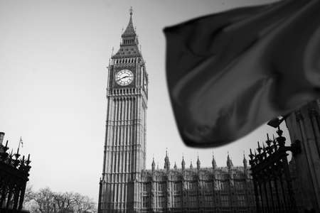 The Big Ben in Westminster with black flag. UK national mourning and sorrow concept.