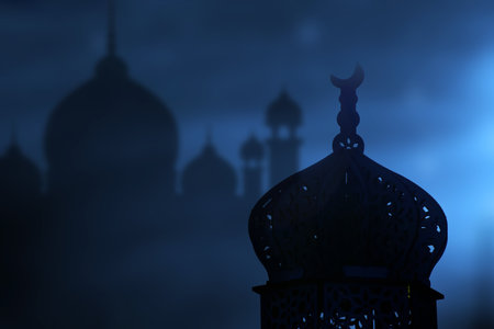 Ramadan Kareem background. Mosque silhouette in the night skyの写真素材