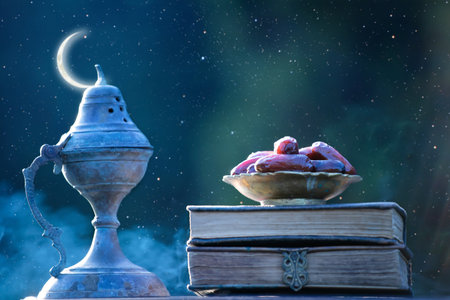 Festive greeting card for Muslim holy month Ramadan Kareem with dates, Quaran, censer and crescent...