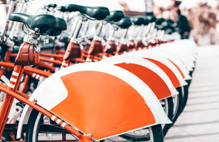 Row of red bicycles in the cityの写真素材
