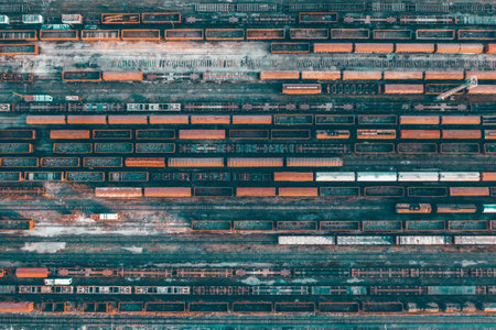 Aerial view of various railway carriage trains with goods on the railway station, top view.