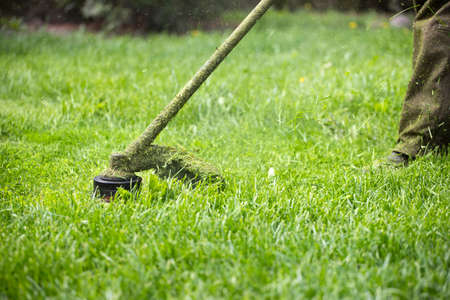Mowing the grass with a lawn mower. Garden work concept background.