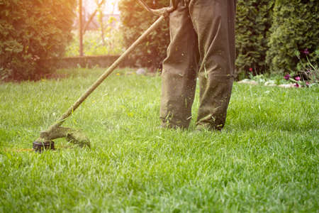 Mowing the grass with a lawn mower. Garden work concept background.