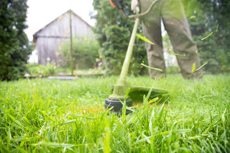 Mowing the grass with a lawn mower. Garden work concept background.