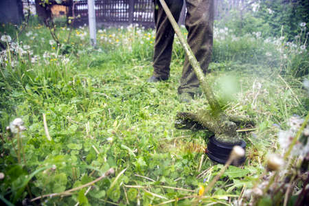 Mowing the grass with a lawn mower. Garden work concept background.の写真素材